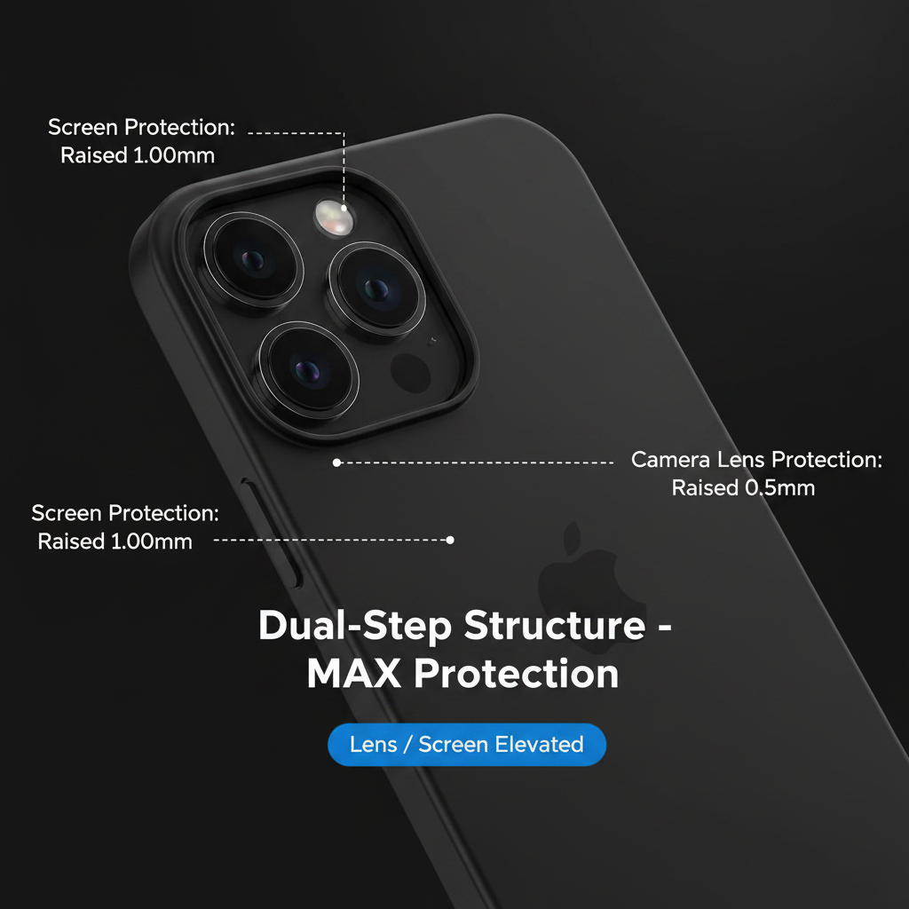 Dual-step structure MAX protection - screen raised 1.00mm, camera lens raised 0.5mm above case edge.