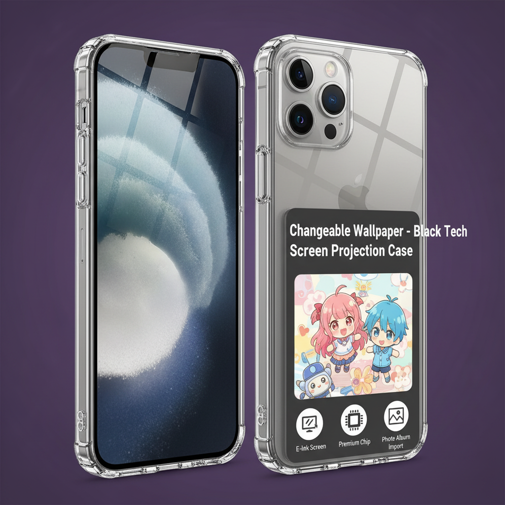 Changeable wallpaper black tech screen projection case - e-ink screen, premium chip, photo album import. iPhone 15 Pro Max.