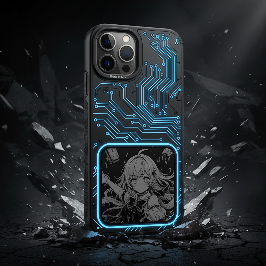 Black e-ink iPhone case with circuit board texture and glowing blue accents, anime display on back panel.