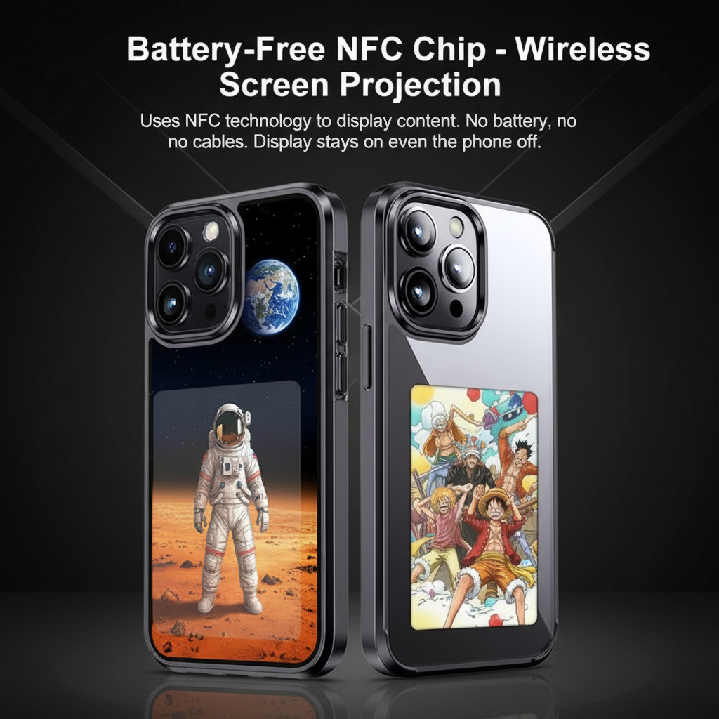 Battery-free NFC chip wireless screen projection. Display stays on even when phone is off. No cables needed.