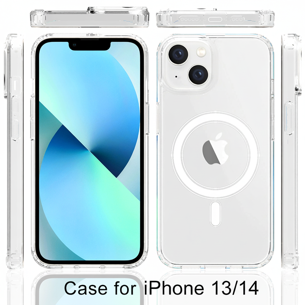iPhone 13/14 clear magnetic MagSafe case - all angles view front, back, top, bottom and sides